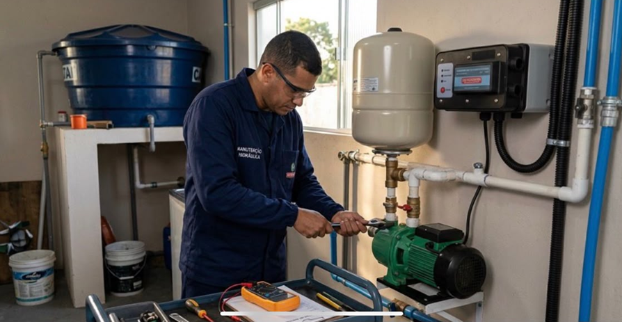 Técnico trabalhando em pressurizador de água