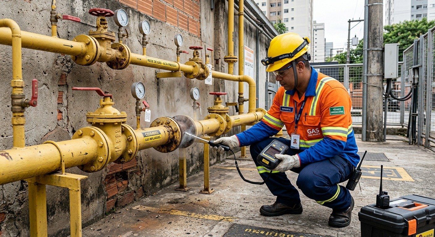 Técnico identificando vazamento em tubulação de gás